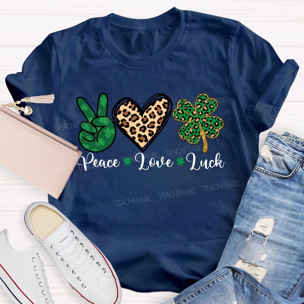 Peace Love Luck Leopard Print Hearts And Four-Leaf Clover T-shirt