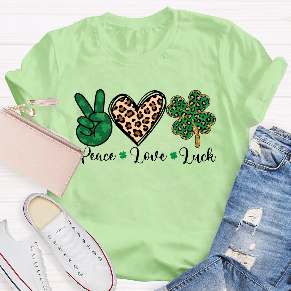 Peace Love Luck Leopard Print Hearts And Four-Leaf Clover T-shirt