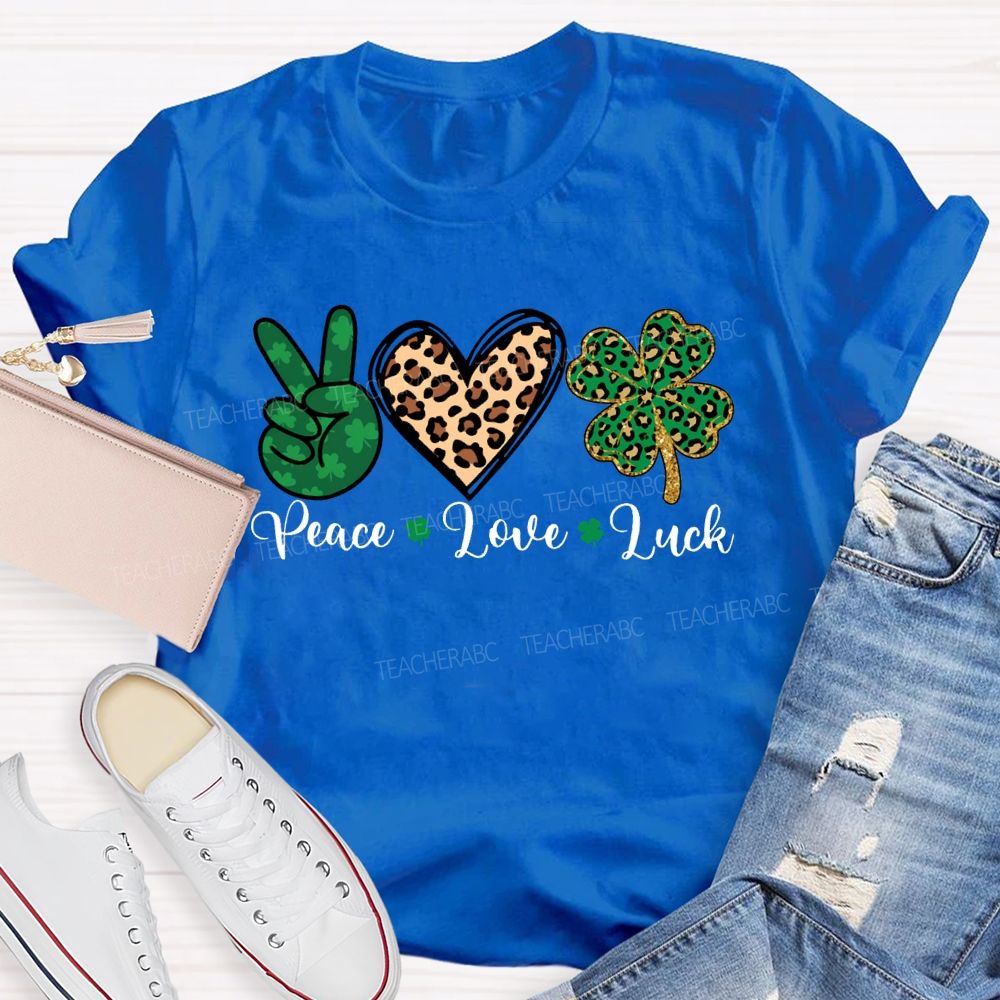Peace Love Luck Leopard Print Hearts And Four-Leaf Clover T-shirt