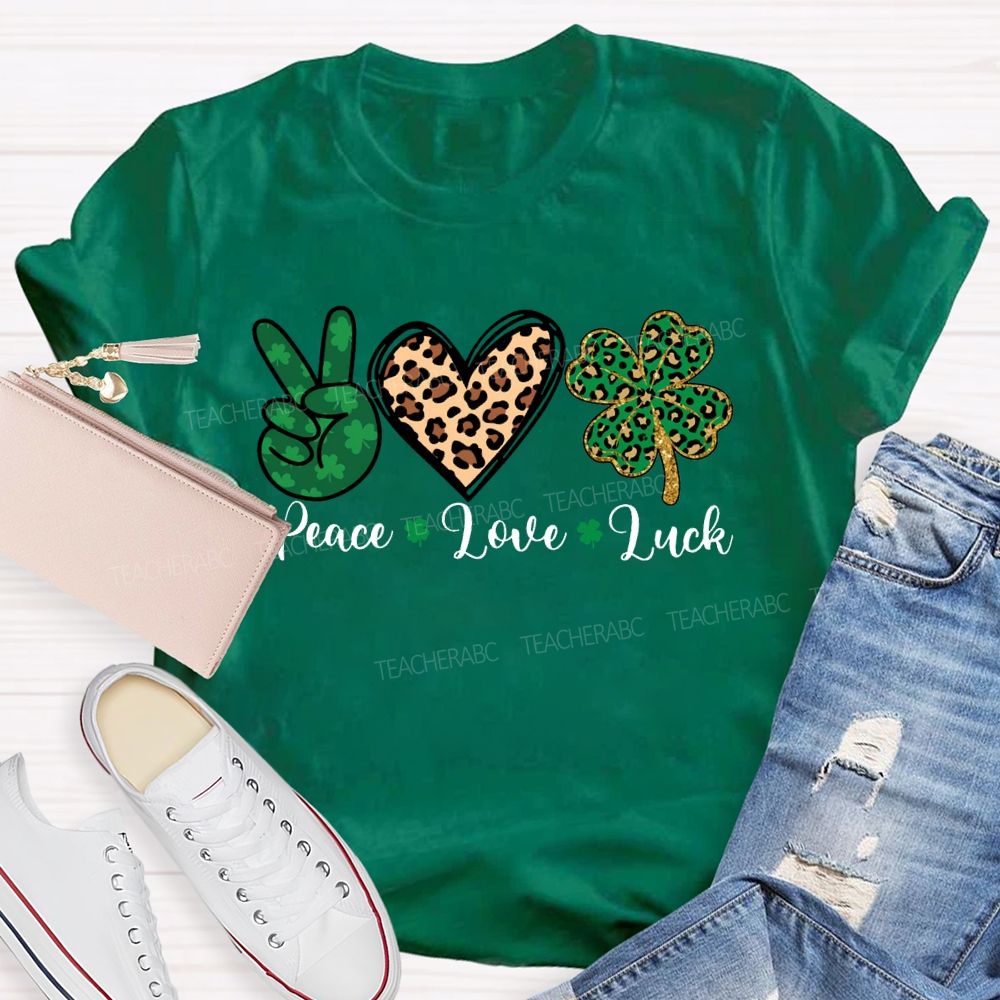 Peace Love Luck Leopard Print Hearts And Four-Leaf Clover T-shirt