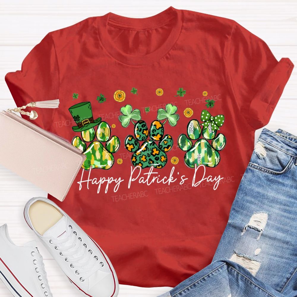 Happy Patrick'S Day Lucky Clover And Paw Prints T-shirt