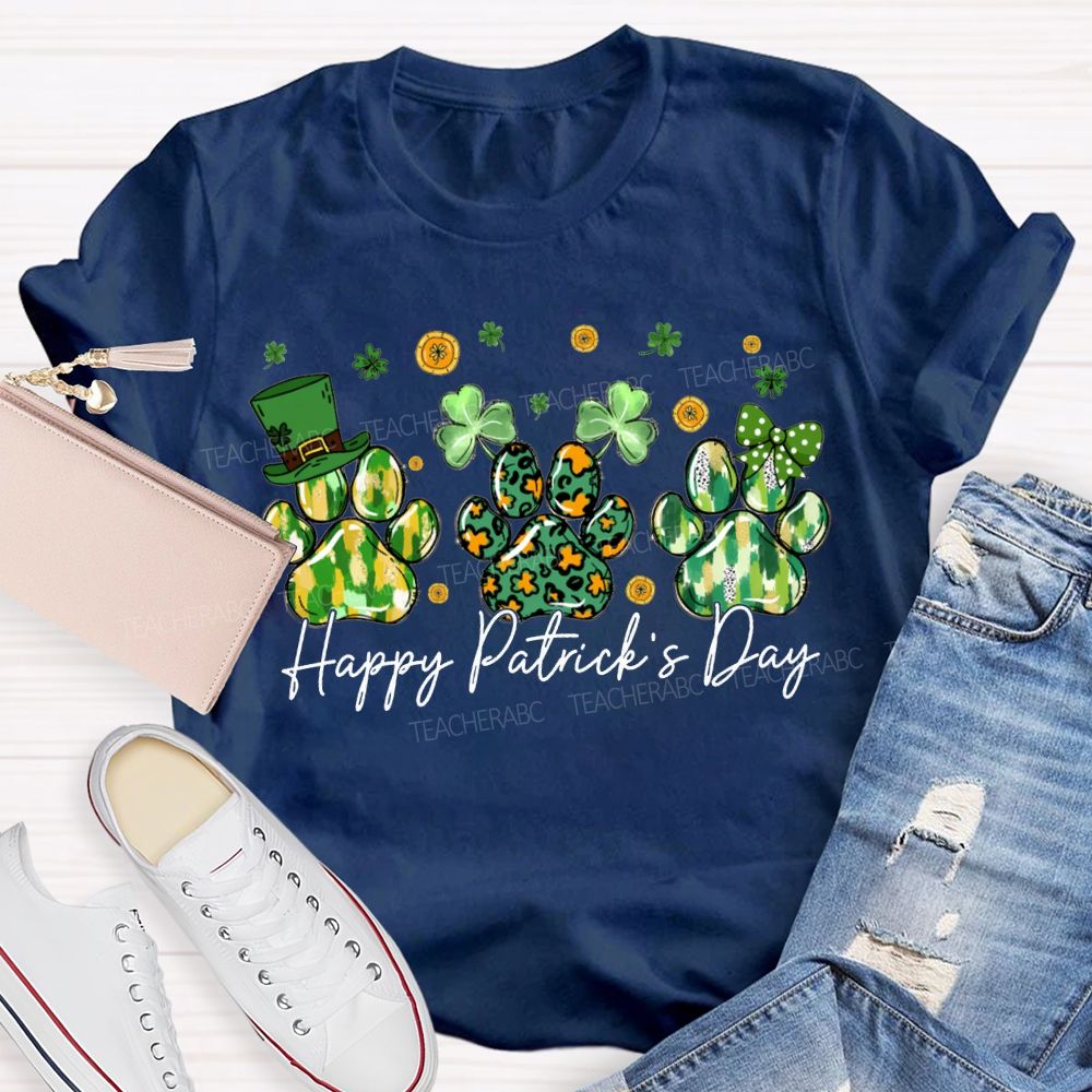 Happy Patrick'S Day Lucky Clover And Paw Prints T-shirt