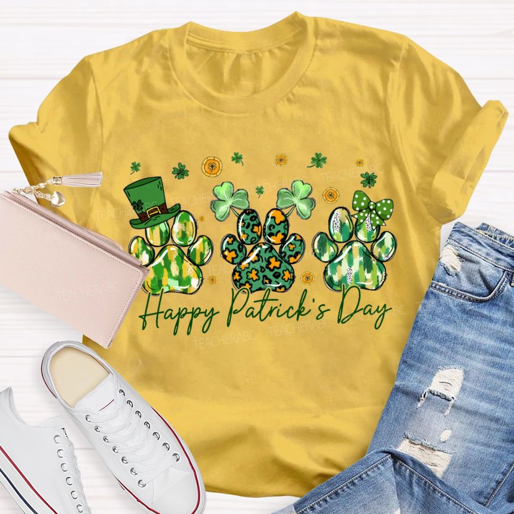 Happy Patrick'S Day Lucky Clover And Paw Prints T-shirt