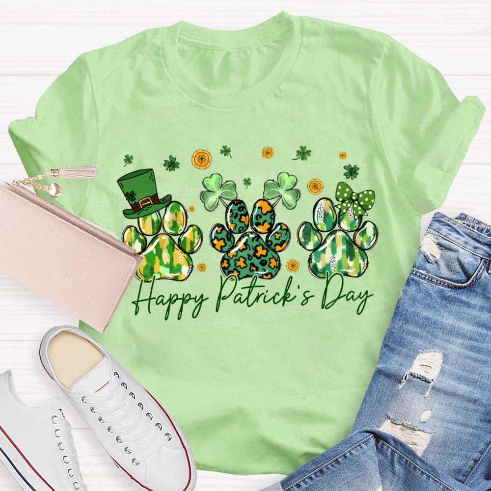Happy Patrick'S Day Lucky Clover And Paw Prints T-shirt