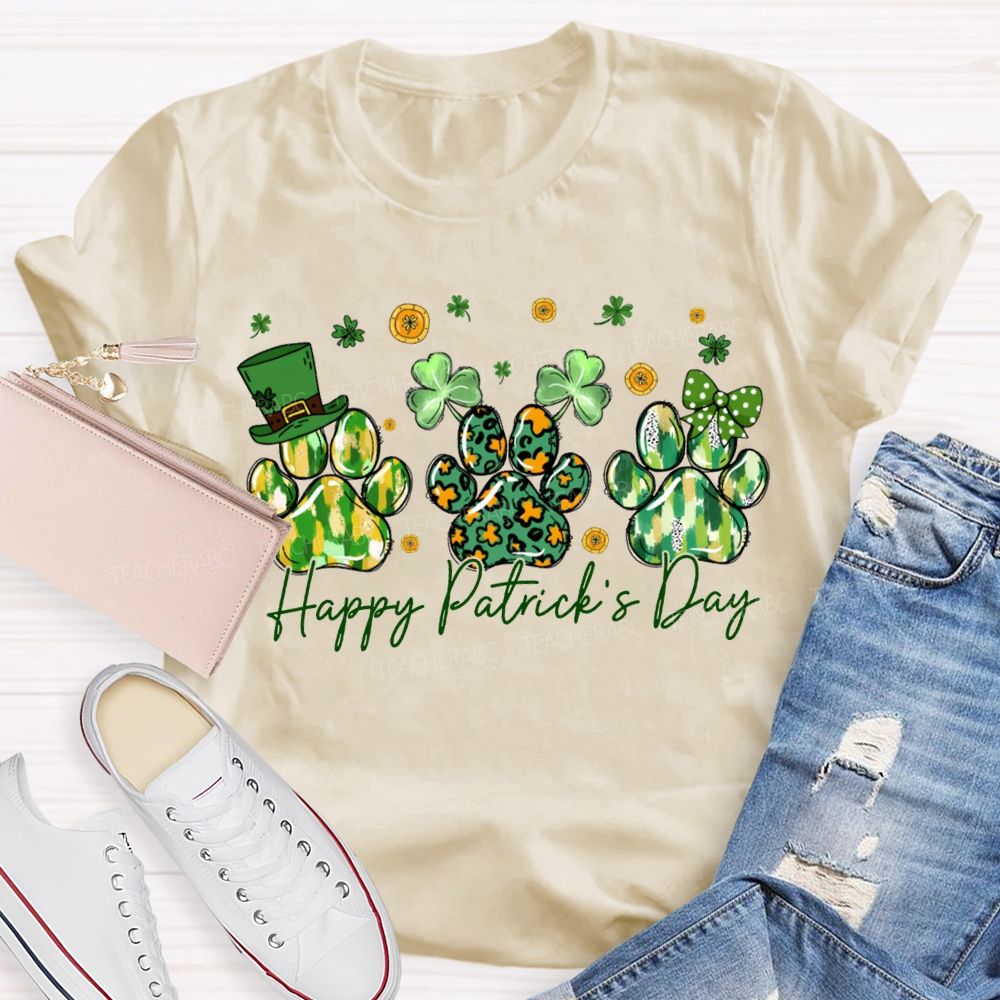 Happy Patrick'S Day Lucky Clover And Paw Prints T-shirt