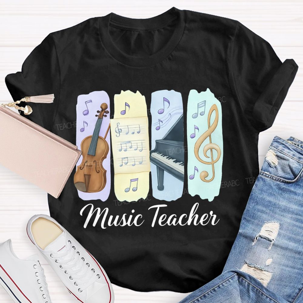 Music Teacher Guitar And Musical Note Prints T-shirt