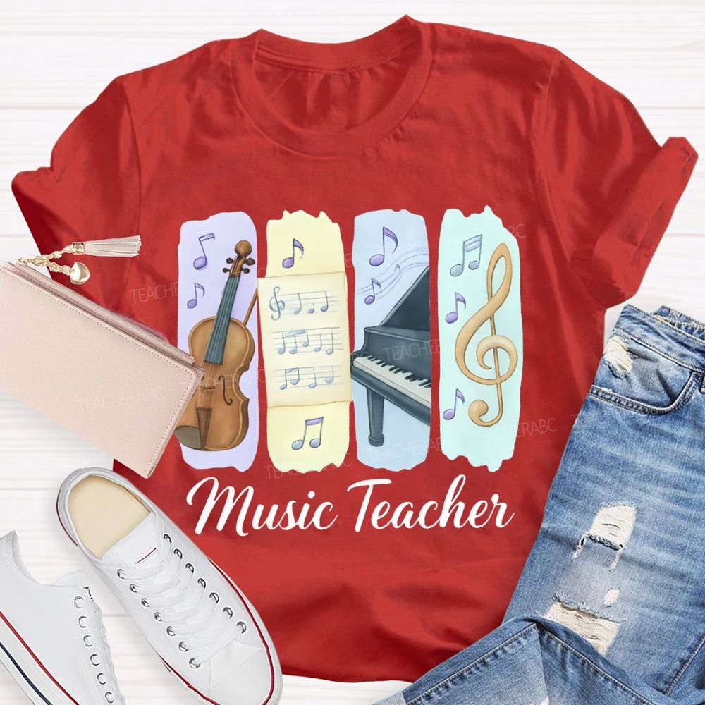 Music Teacher Guitar And Musical Note Prints T-shirt