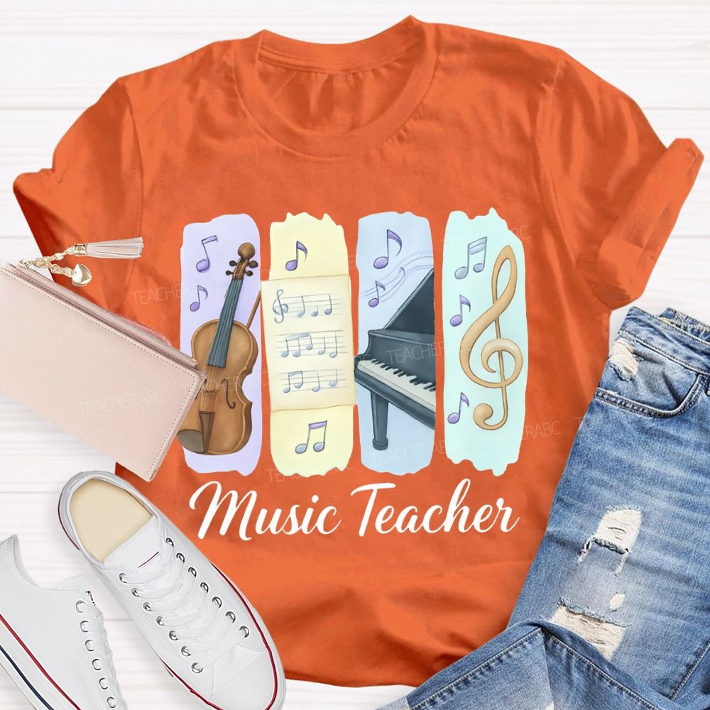 Music Teacher Guitar And Musical Note Prints T-shirt