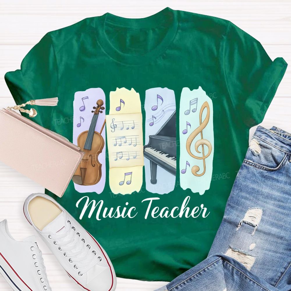 Music Teacher Guitar And Musical Note Prints T-shirt