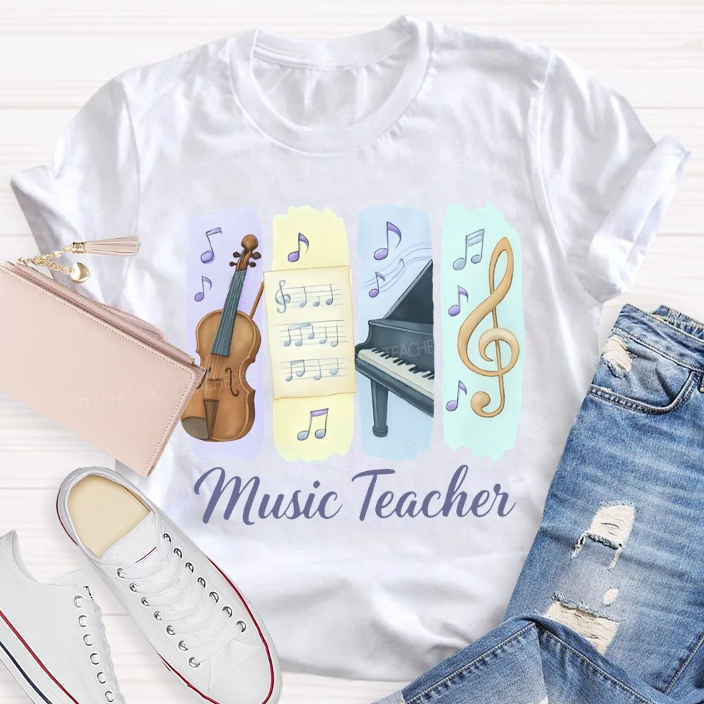 Music Teacher Guitar And Musical Note Prints T-shirt