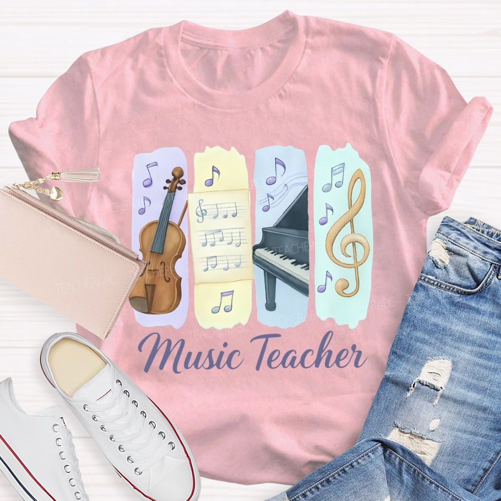 Music Teacher Guitar And Musical Note Prints T-shirt