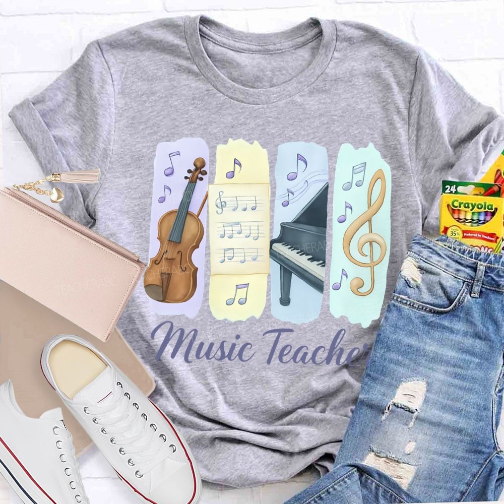 Music Teacher Guitar And Musical Note Prints T-shirt