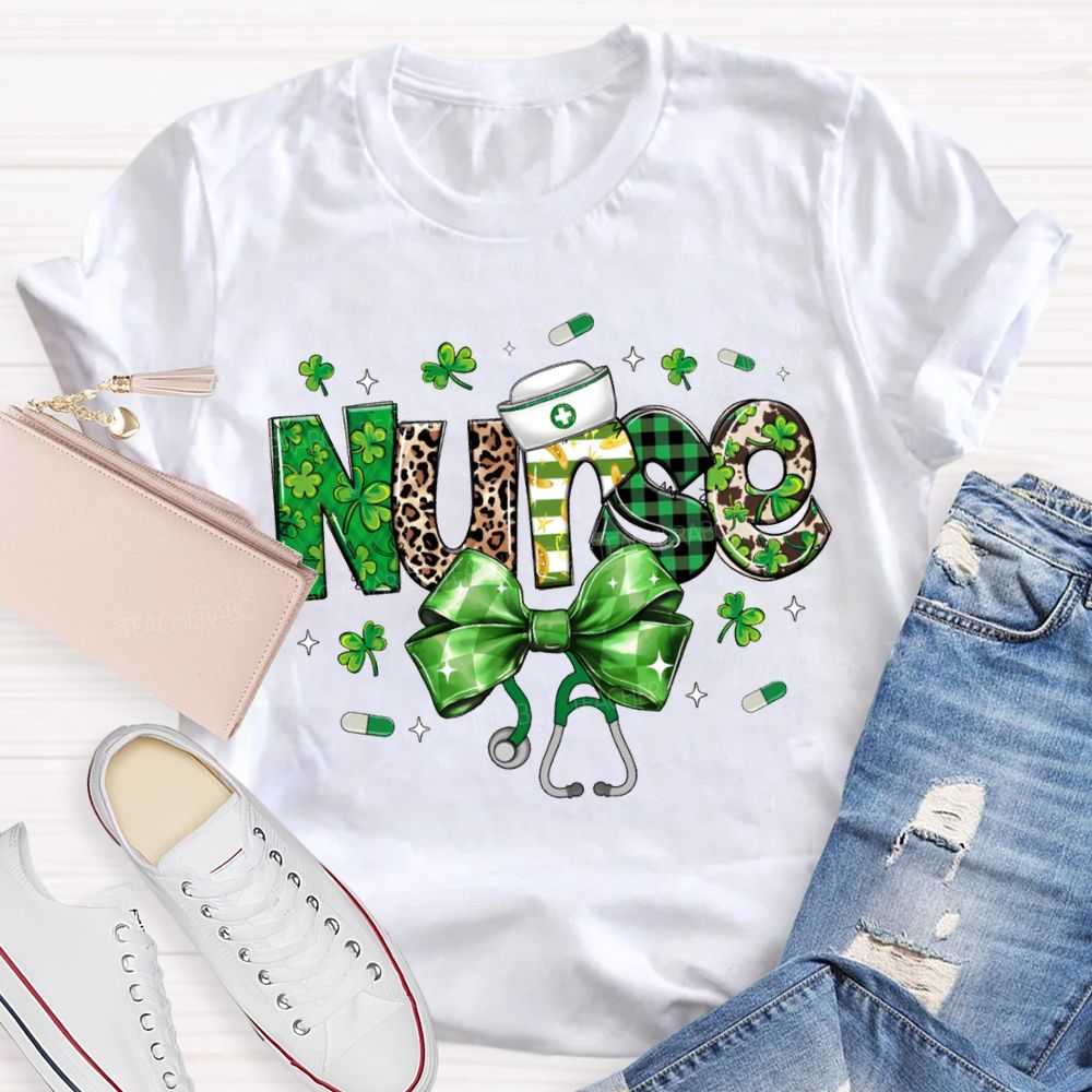 School Nurse Lucky Bows And Clover Saint Patrick'S Day T-shirt