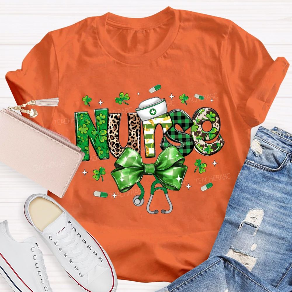 School Nurse Lucky Bows And Clover Saint Patrick'S Day T-shirt