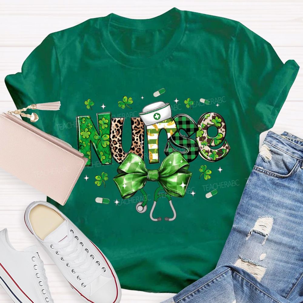 School Nurse Lucky Bows And Clover Saint Patrick'S Day T-shirt