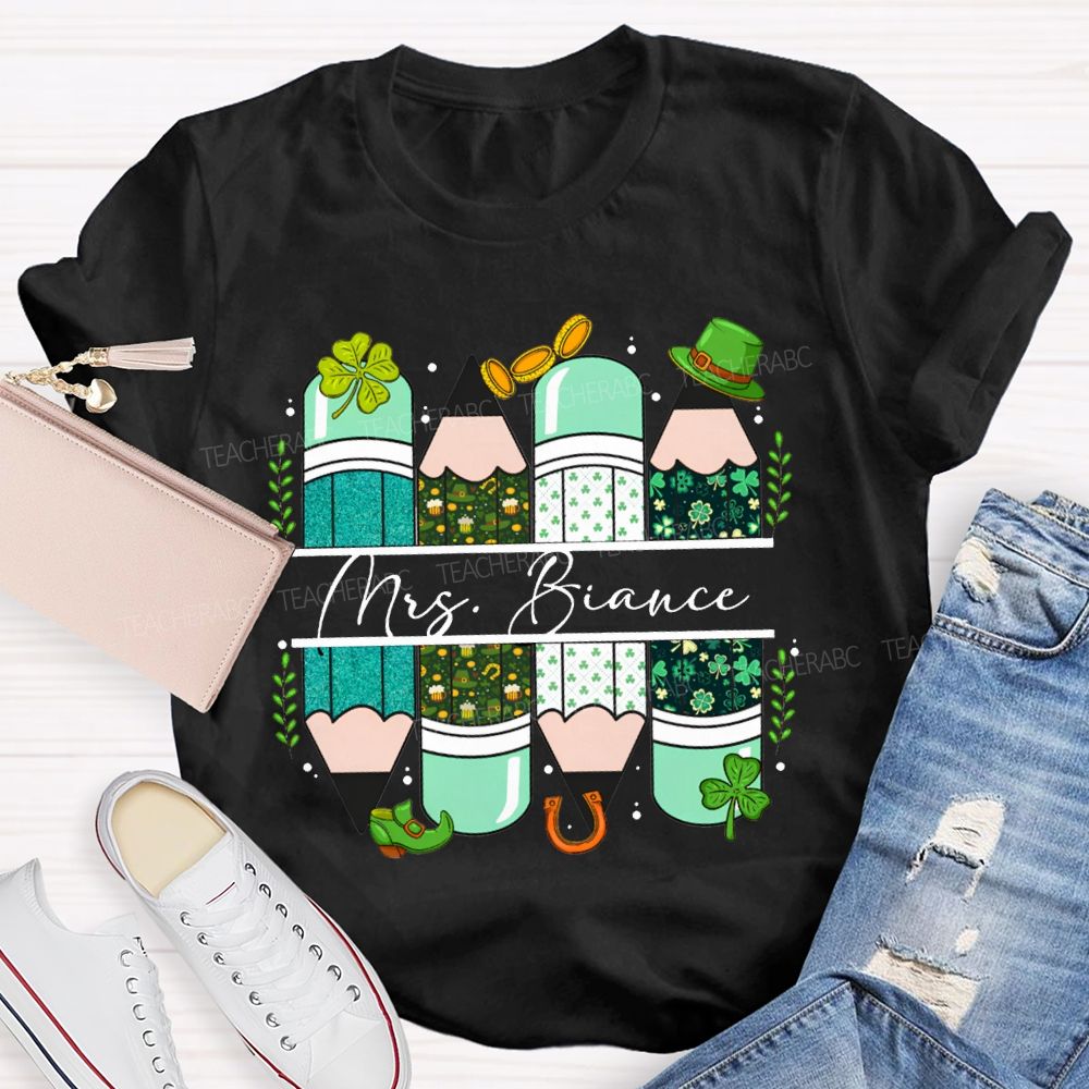 Personalized Name Clover And Colored Pencils Saint Patrick'S Day T-shirt