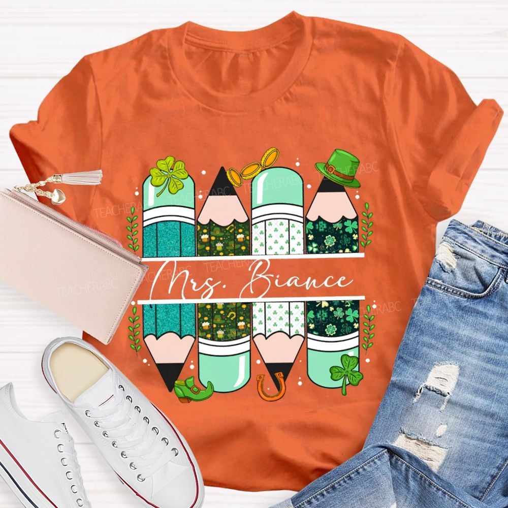 Personalized Name Clover And Colored Pencils Saint Patrick'S Day T-shirt