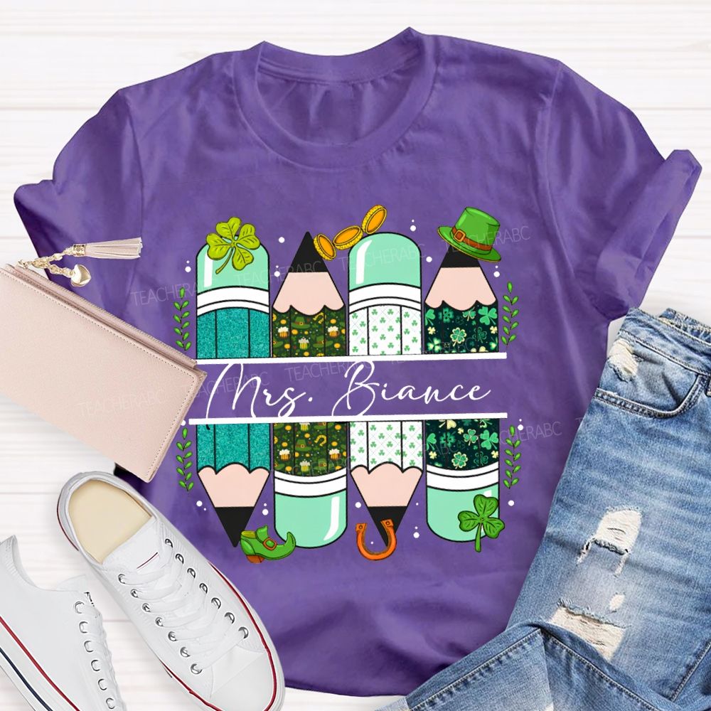 Personalized Name Clover And Colored Pencils Saint Patrick'S Day T-shirt