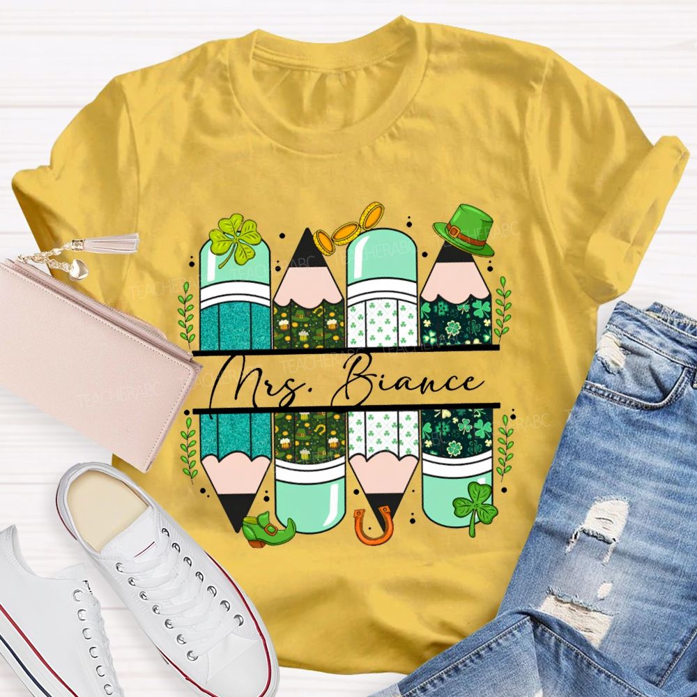 Personalized Name Clover And Colored Pencils Saint Patrick'S Day T-shirt