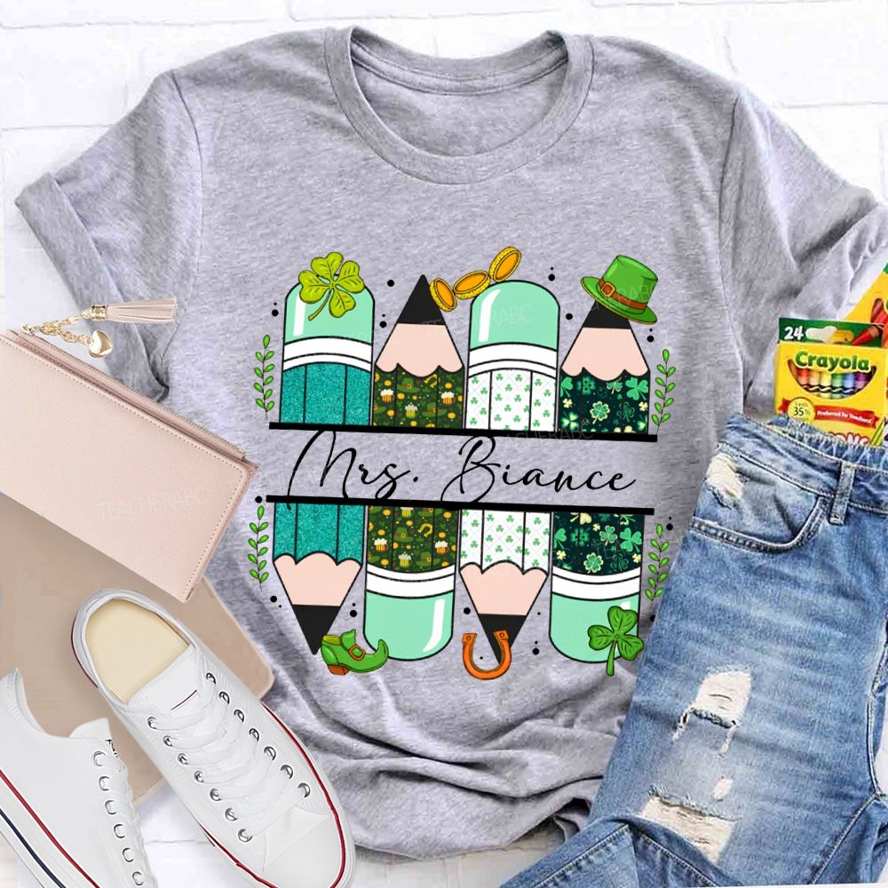 Personalized Name Clover And Colored Pencils Saint Patrick'S Day T-shirt