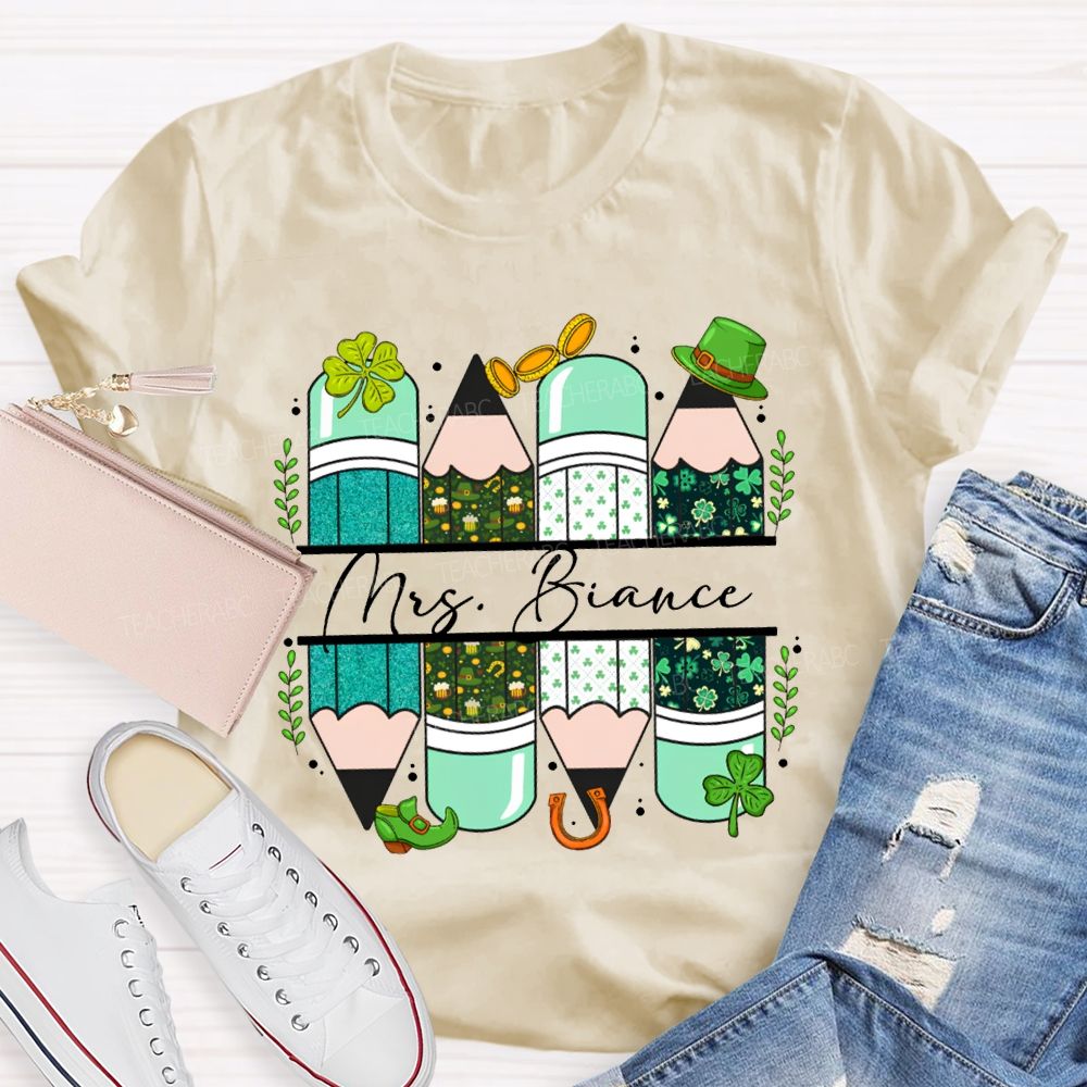 Personalized Name Clover And Colored Pencils Saint Patrick'S Day T-shirt