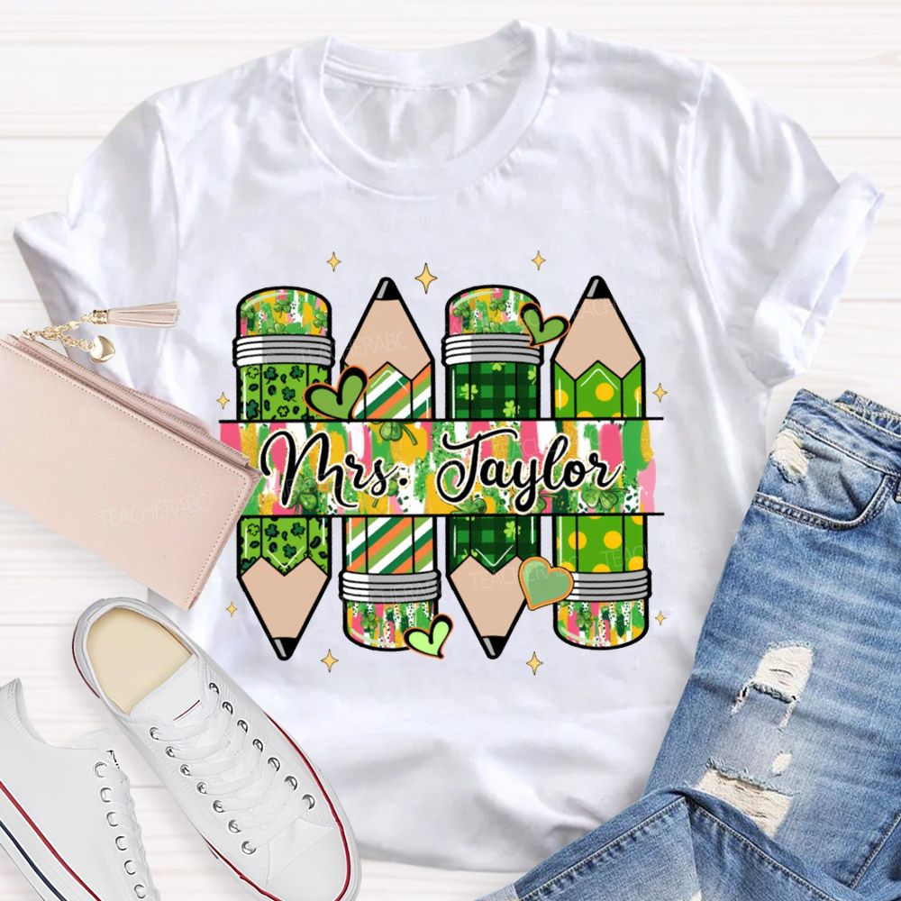 Personalized Name Heart And Clover Pencils Saint Patrick'S Day T-shirt