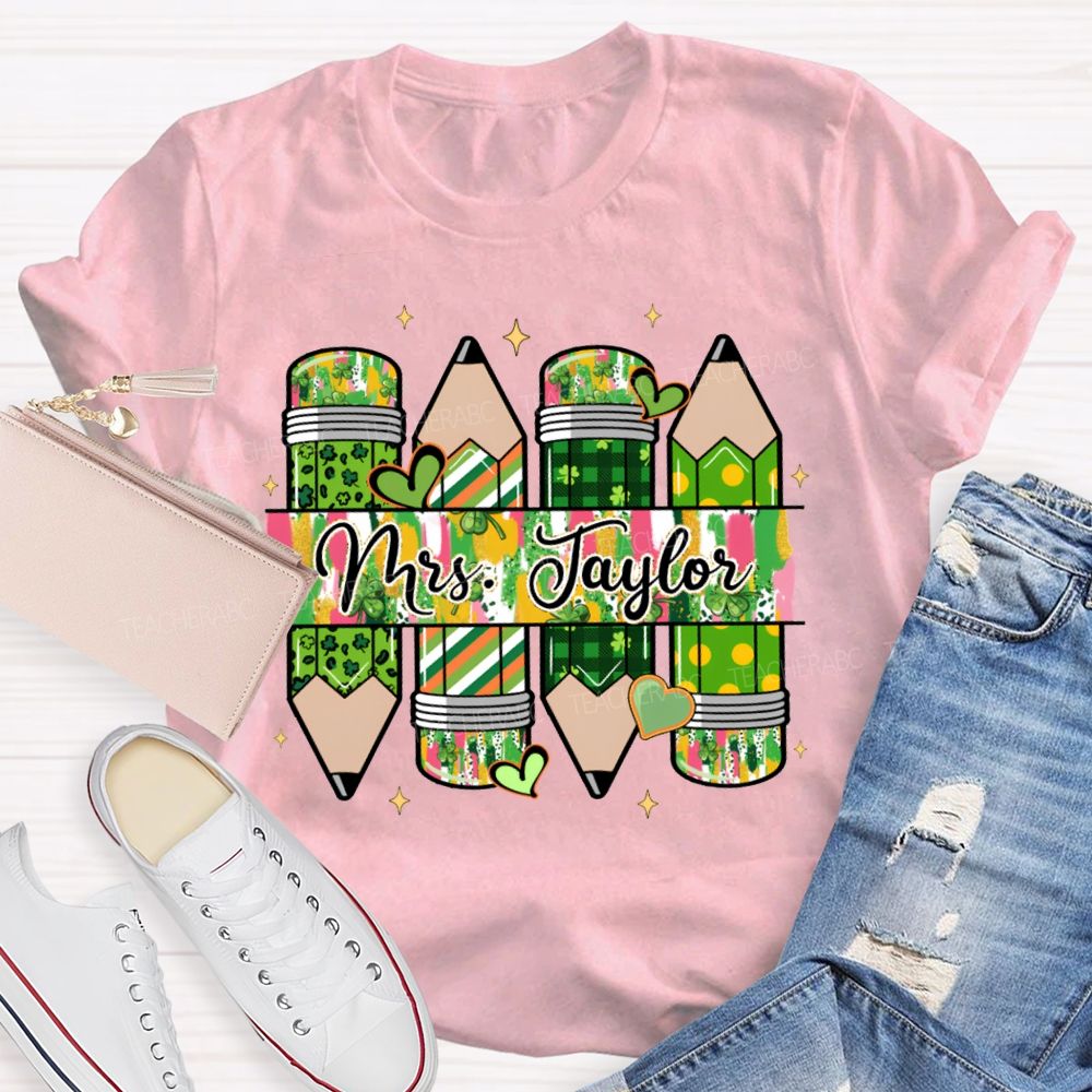 Personalized Name Heart And Clover Pencils Saint Patrick'S Day T-shirt