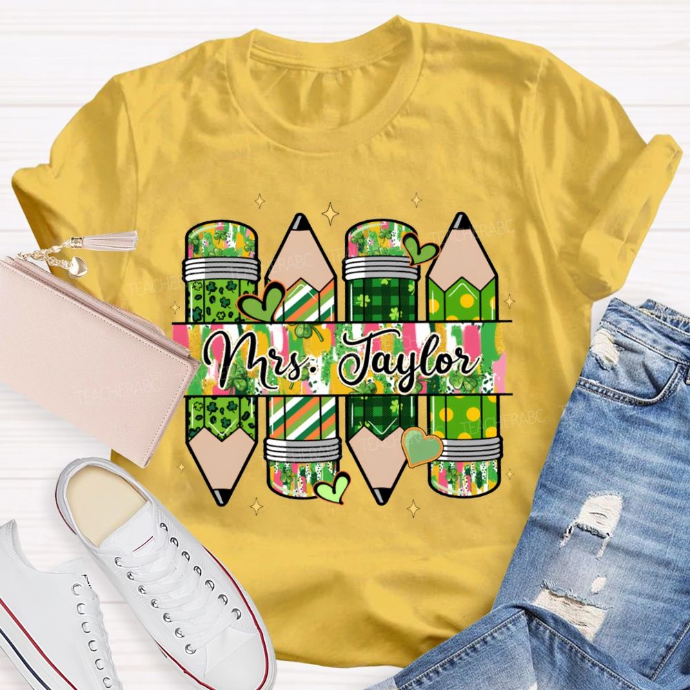 Personalized Name Heart And Clover Pencils Saint Patrick'S Day T-shirt