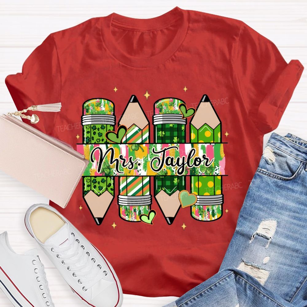 Personalized Name Heart And Clover Pencils Saint Patrick'S Day T-shirt