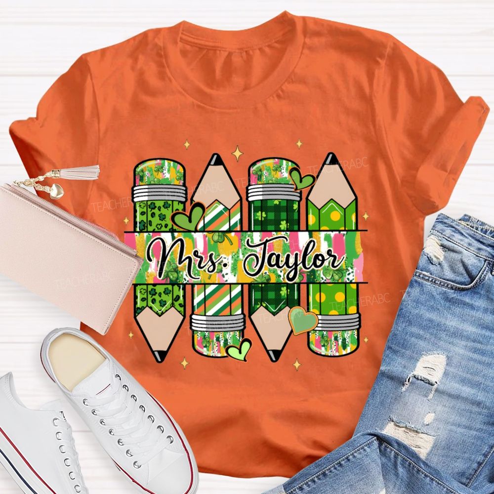 Personalized Name Heart And Clover Pencils Saint Patrick'S Day T-shirt