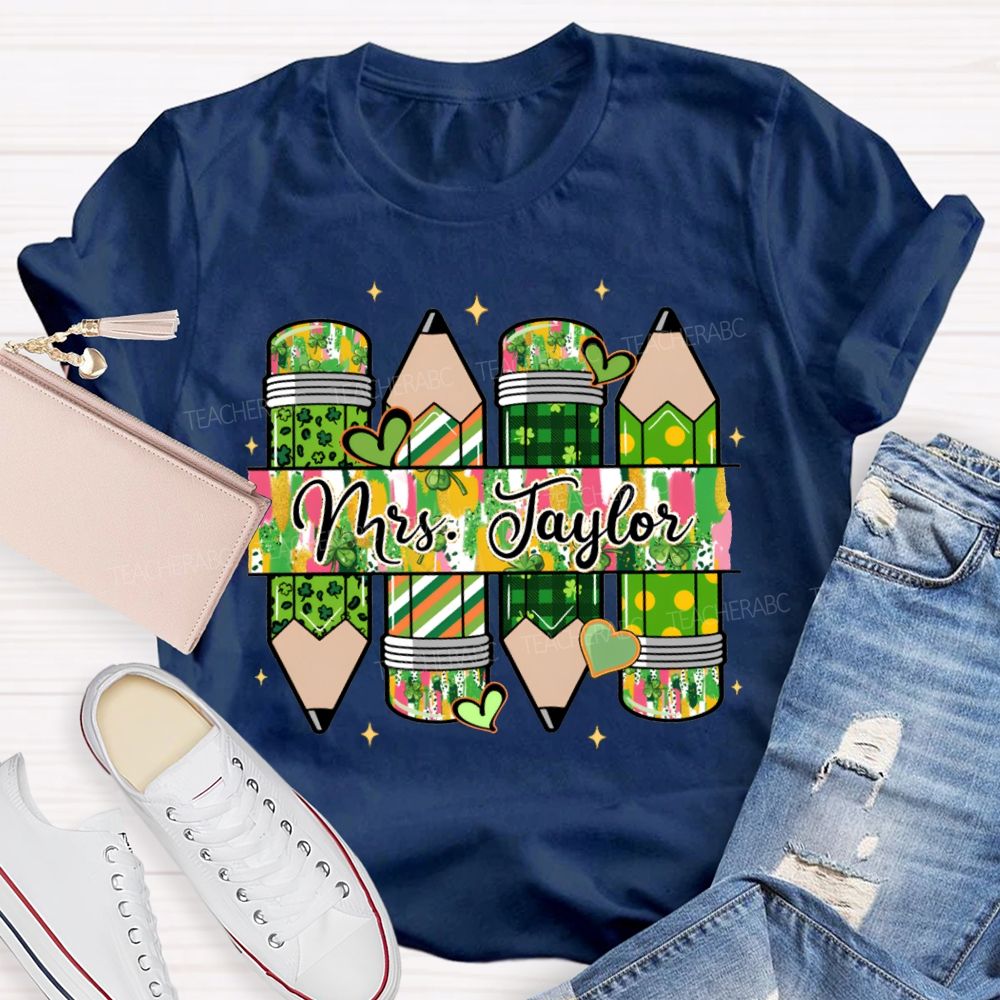 Personalized Name Heart And Clover Pencils Saint Patrick'S Day T-shirt