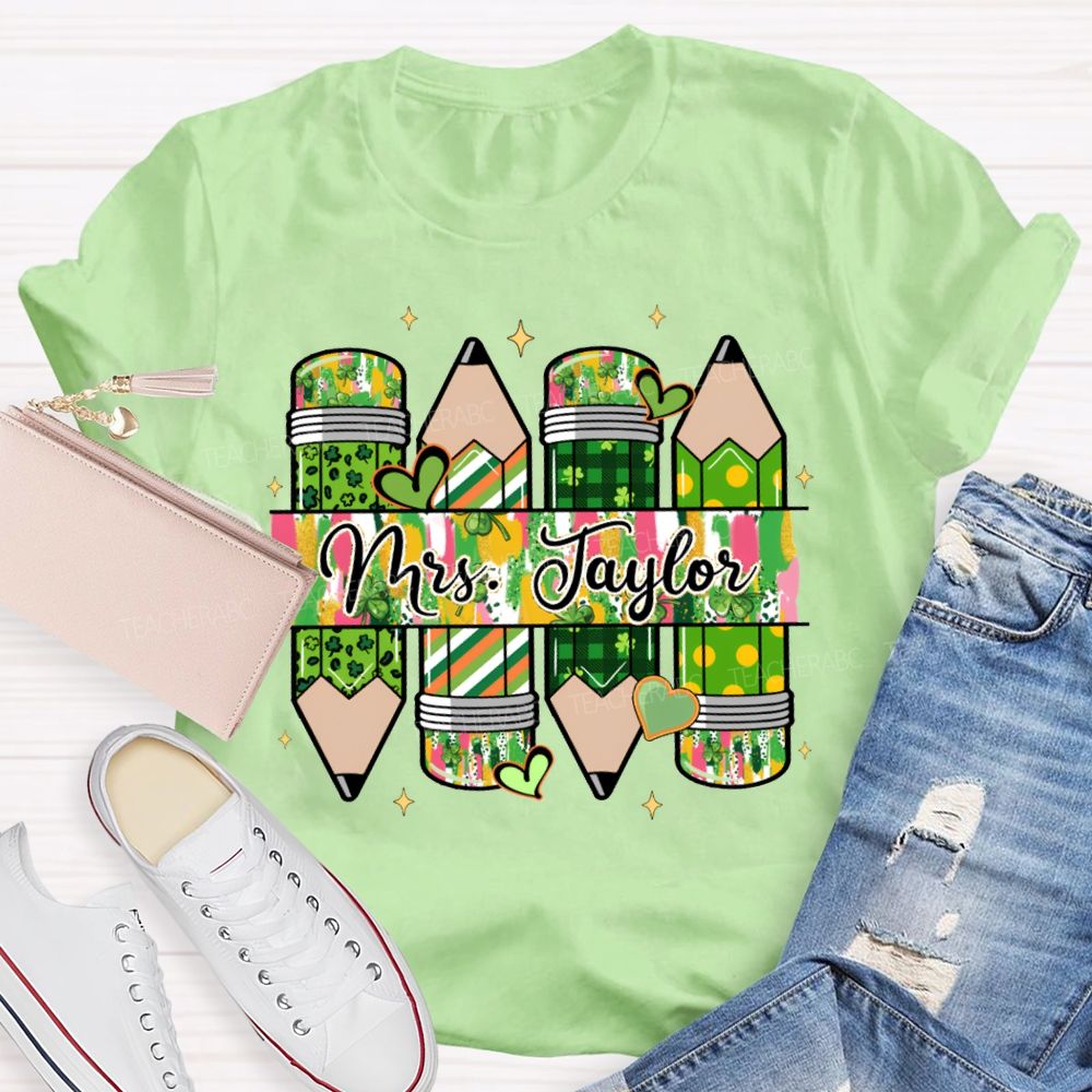 Personalized Name Heart And Clover Pencils Saint Patrick'S Day T-shirt