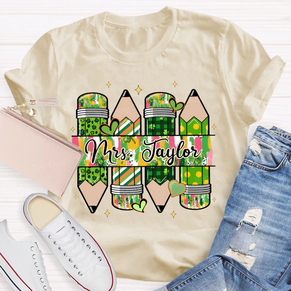 Personalized Name Heart And Clover Pencils Saint Patrick'S Day T-shirt