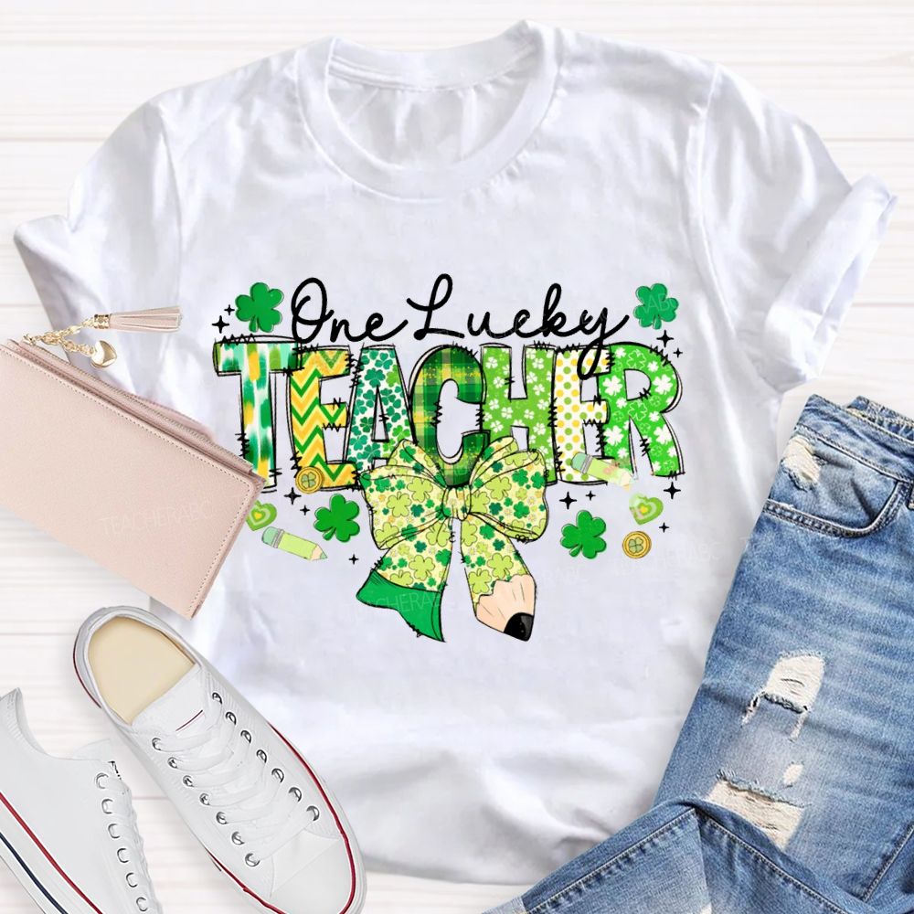 One Lucky Teacher Clover Bow And Colorful Lettering T-shirt