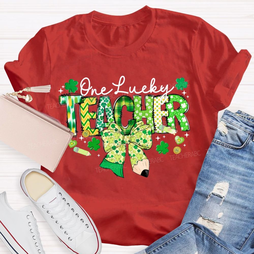 One Lucky Teacher Clover Bow And Colorful Lettering T-shirt