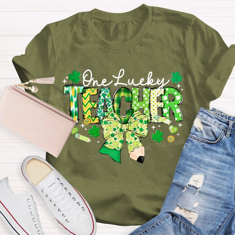 One Lucky Teacher Clover Bow And Colorful Lettering T-shirt