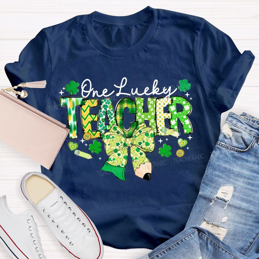 One Lucky Teacher Clover Bow And Colorful Lettering T-shirt
