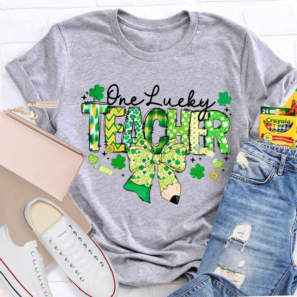 One Lucky Teacher Clover Bow And Colorful Lettering T-shirt