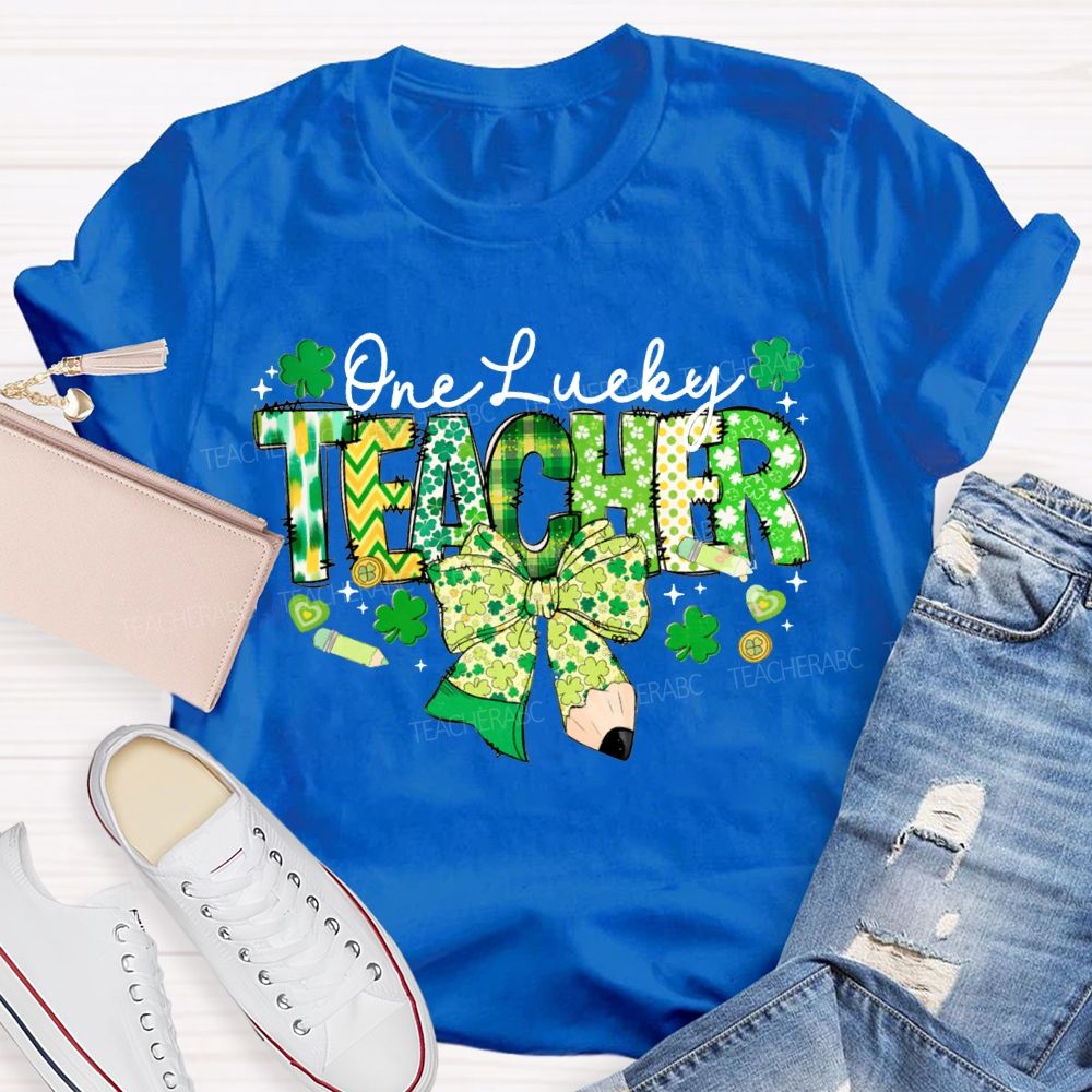 One Lucky Teacher Clover Bow And Colorful Lettering T-shirt