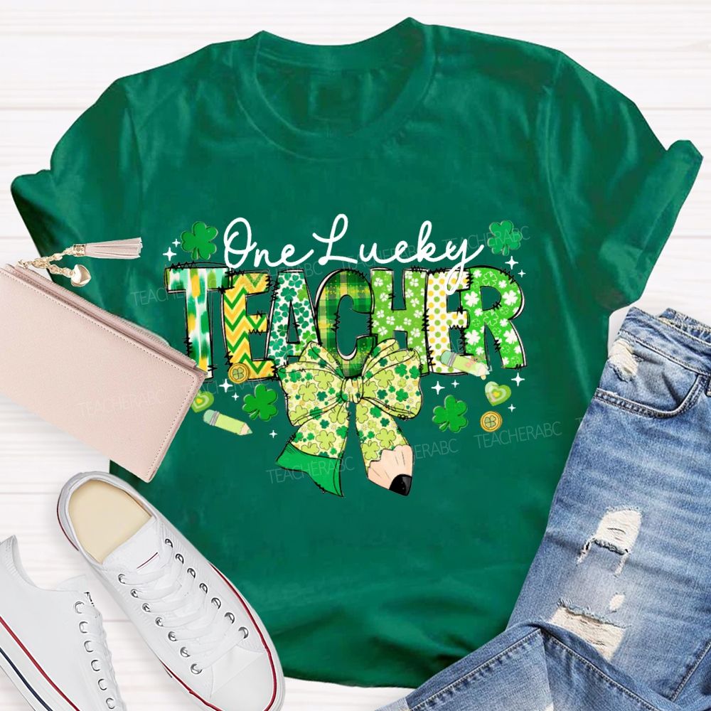 One Lucky Teacher Clover Bow And Colorful Lettering T-shirt