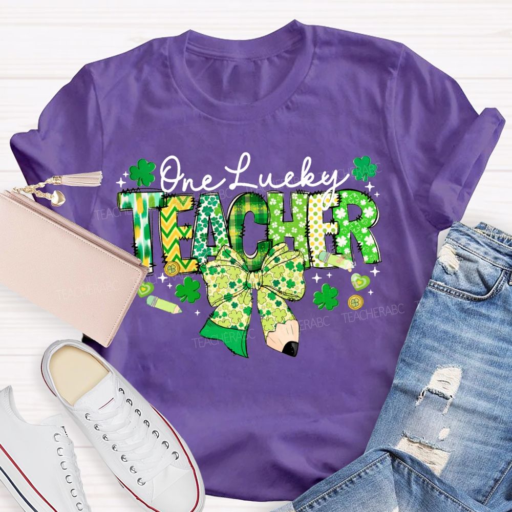 One Lucky Teacher Clover Bow And Colorful Lettering T-shirt