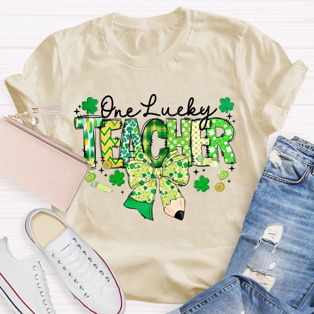 One Lucky Teacher Clover Bow And Colorful Lettering T-shirt