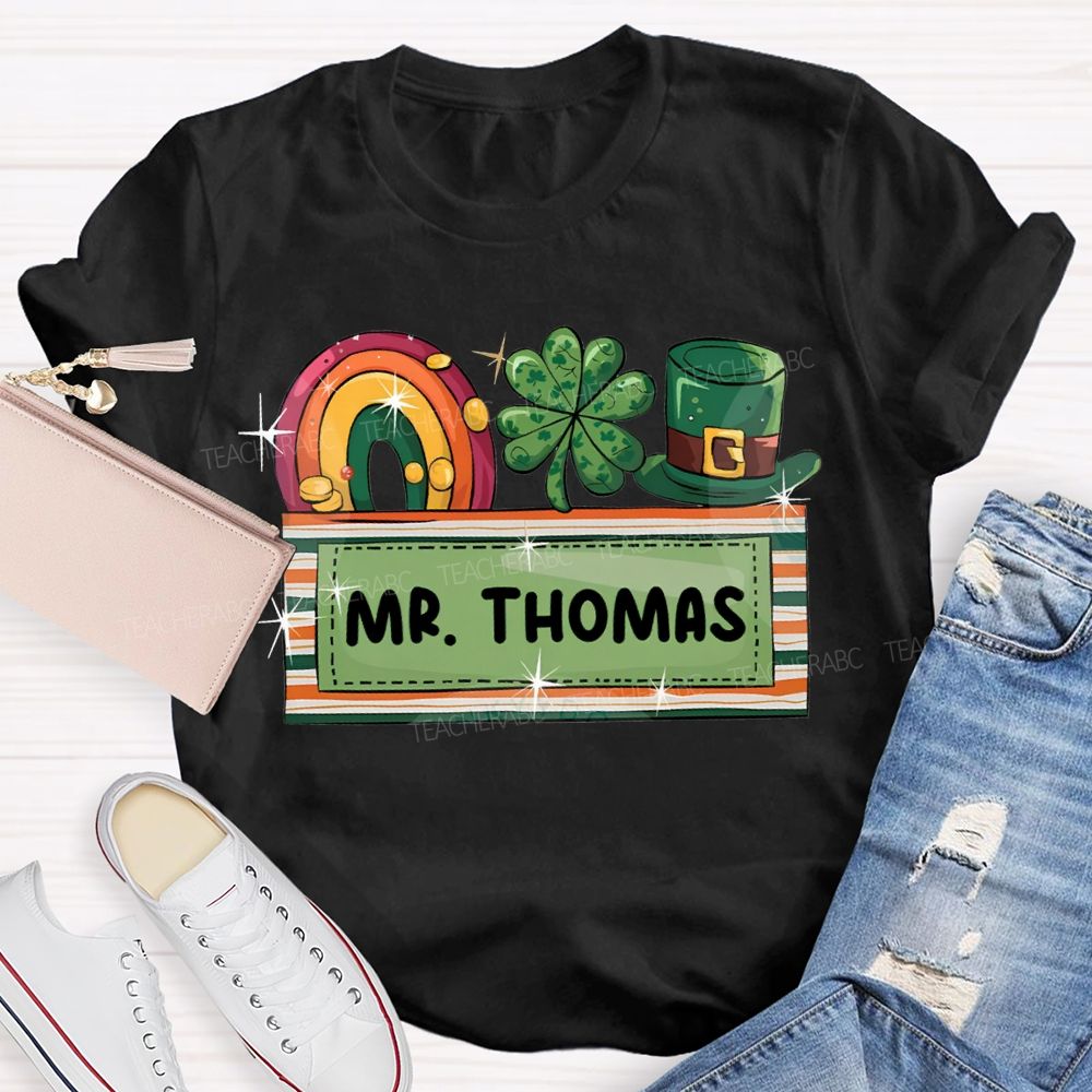 Personalized Name Rainbow Four-Leaf Clover And Magic Hat T-shirt