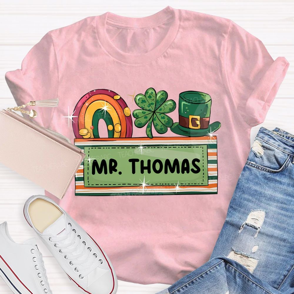 Personalized Name Rainbow Four-Leaf Clover And Magic Hat T-shirt