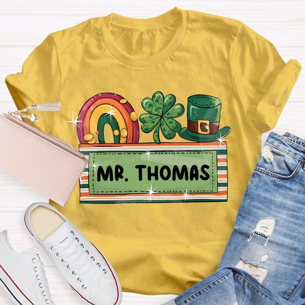 Personalized Name Rainbow Four-Leaf Clover And Magic Hat T-shirt
