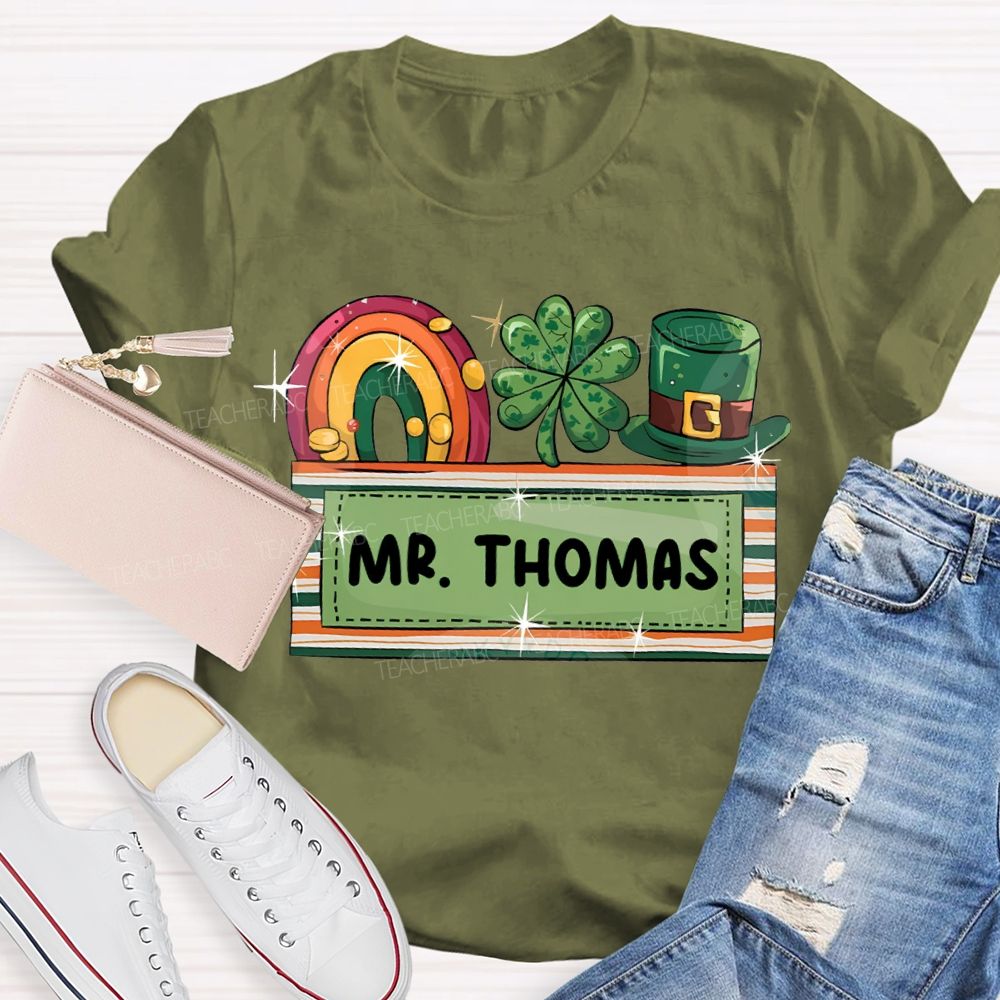Personalized Name Rainbow Four-Leaf Clover And Magic Hat T-shirt