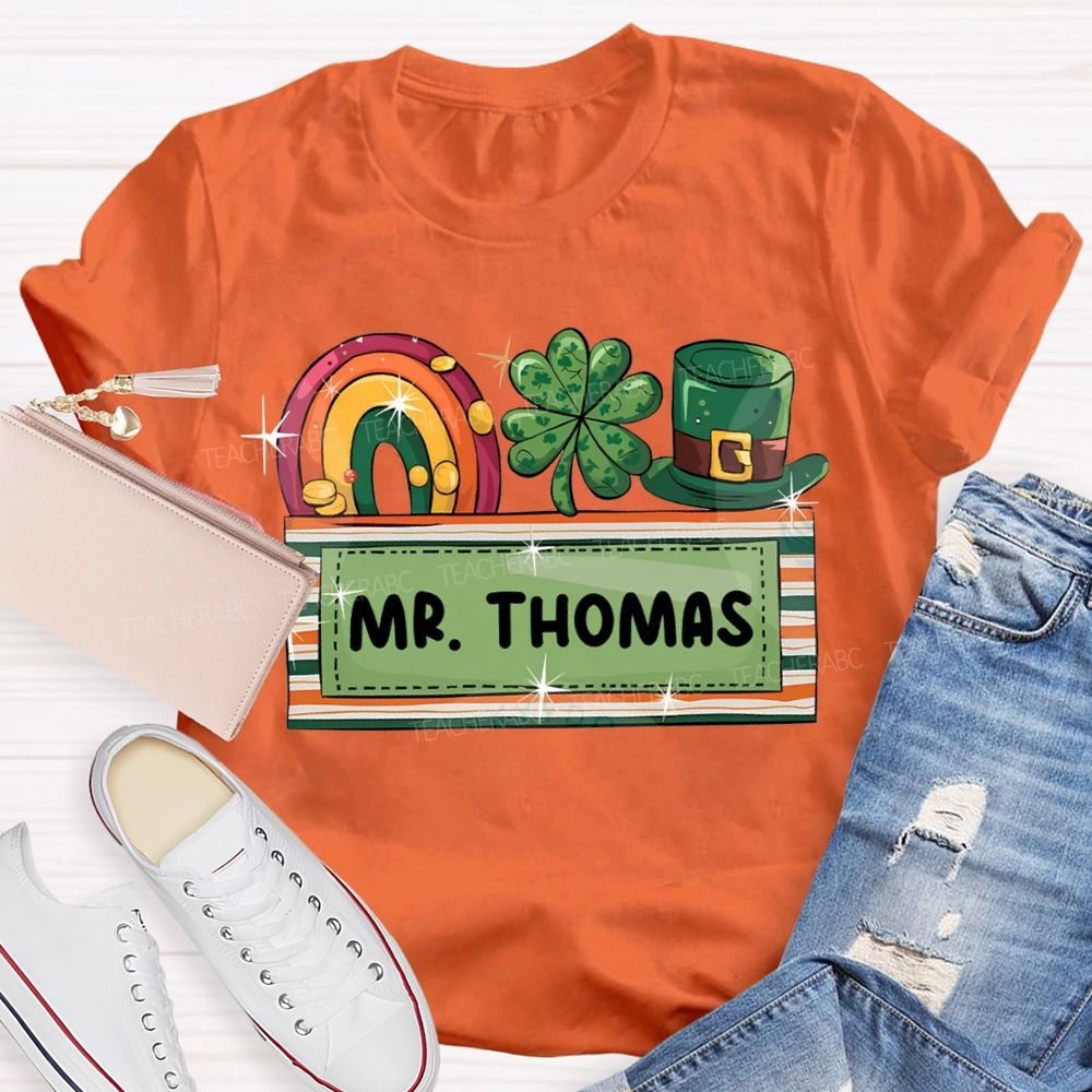 Personalized Name Rainbow Four-Leaf Clover And Magic Hat T-shirt