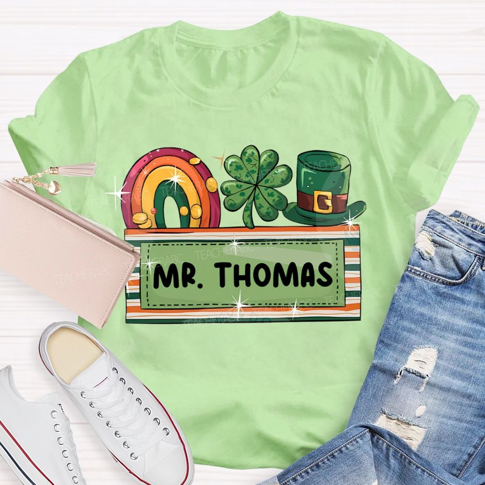 Personalized Name Rainbow Four-Leaf Clover And Magic Hat T-shirt