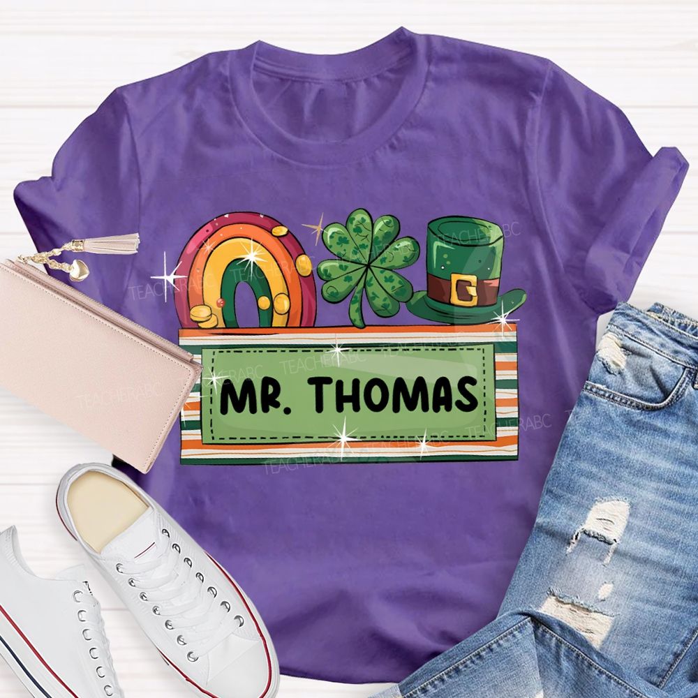 Personalized Name Rainbow Four-Leaf Clover And Magic Hat T-shirt
