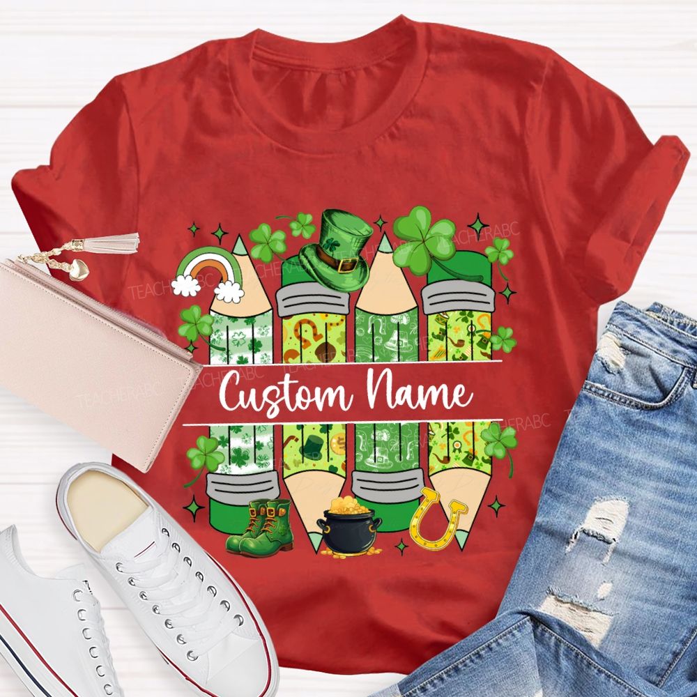 Personalized Name Lucky Clover And Pencil Print Saint Patrick'S Day T-shirt